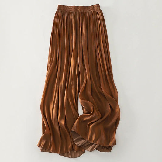 Olivetta | Elegant Wide Leg Satin Pants with High Rise Elastic Waist