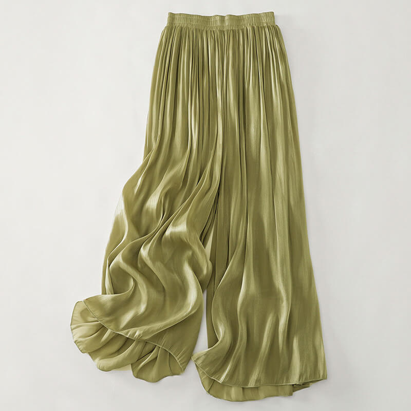 Olivetta | Elegant Wide Leg Satin Pants with High Rise Elastic Waist
