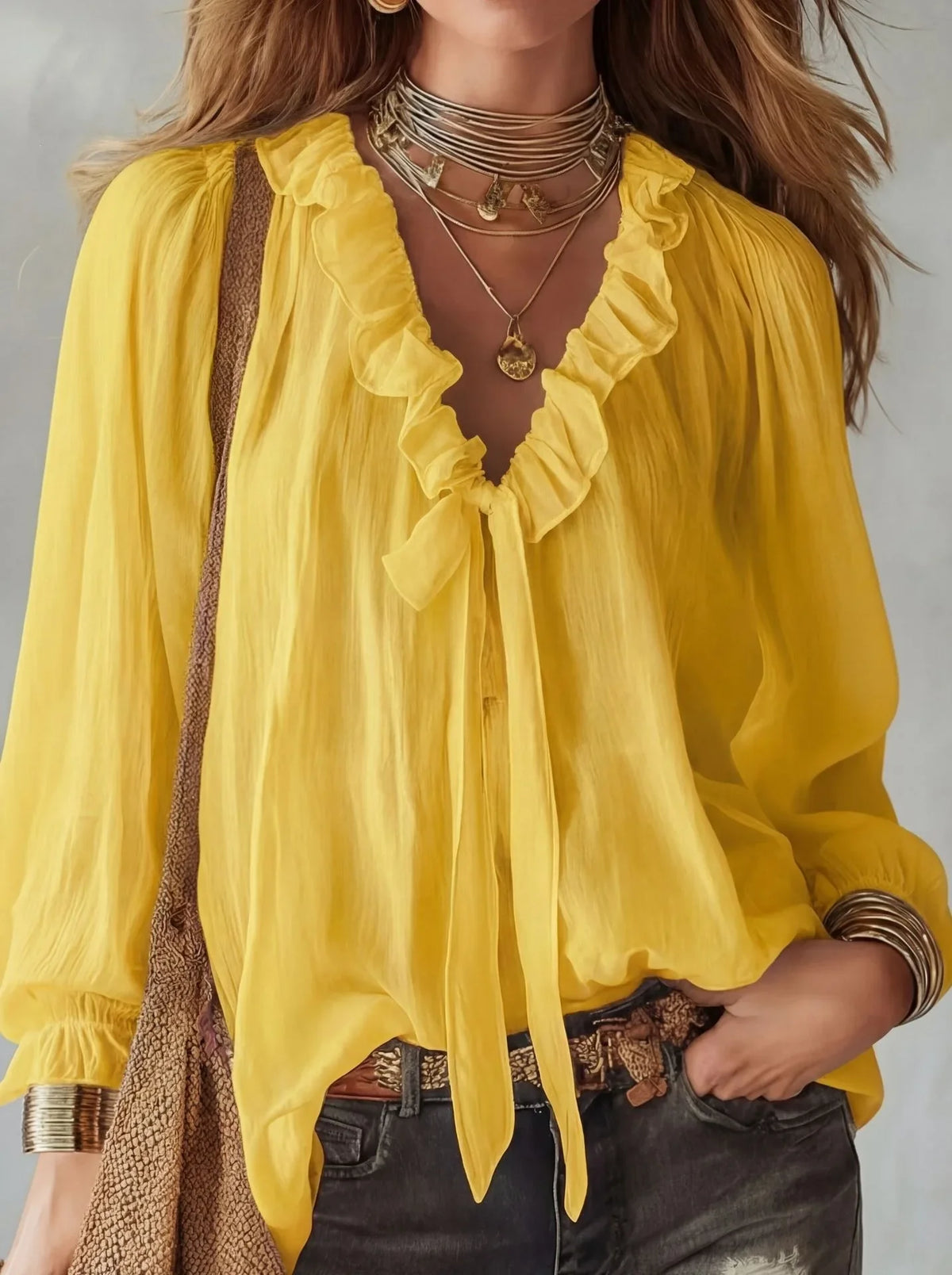 Maribel | Relaxed Lace-Up V Neck Top with Ruffle Trim and Sleeves