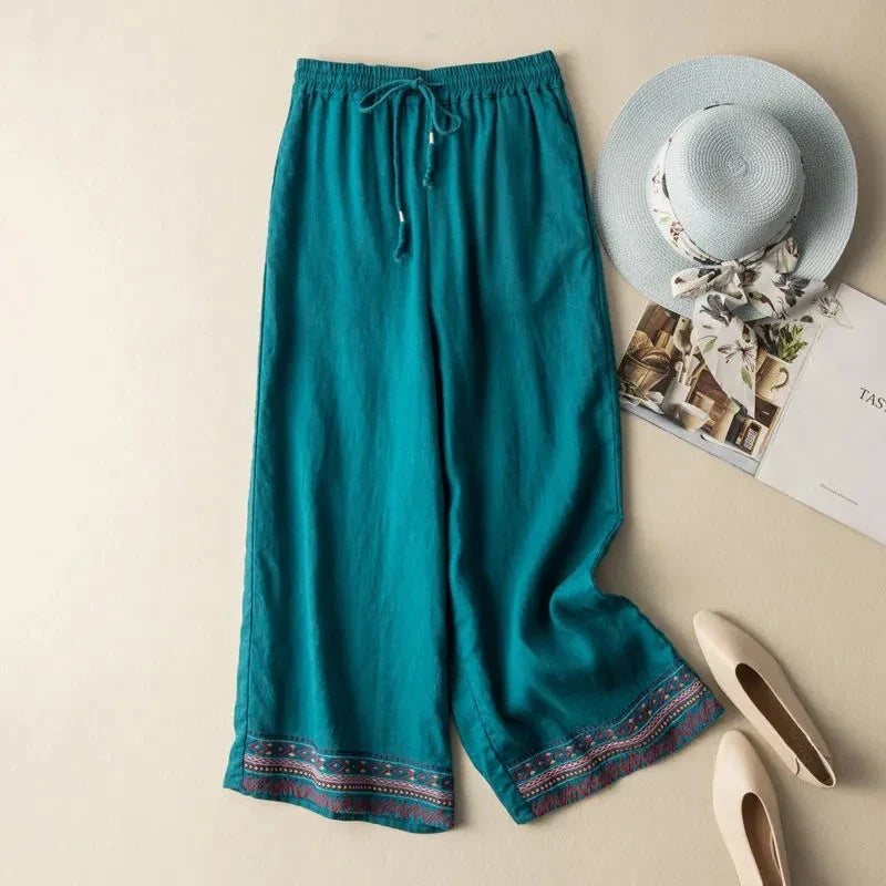 Zara | Breathable Embroidered Wide Leg Linen Pants