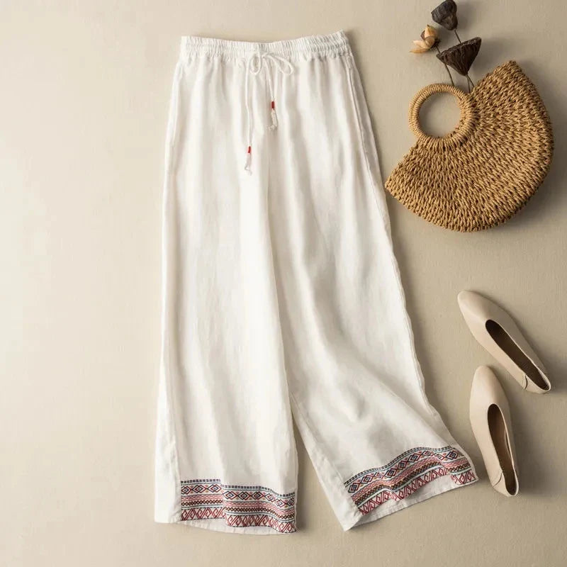 Zara | Breathable Embroidered Wide Leg Linen Pants