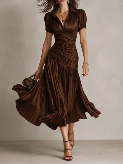 Monroe | Comfotable Flowy Satin Pleated Midi Dress for Summer Time