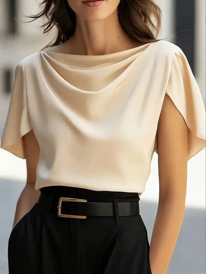 Bellamy | Elegant Draped Cowl Neck Blouse with Flowing Short Sleeves
