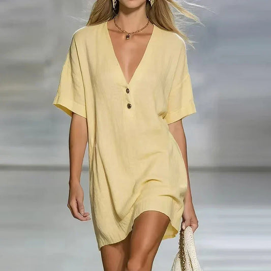 Liora | Effortlessly Elegant V Neck Linen Short Sleeve Shirt Midi Dress with Buttons