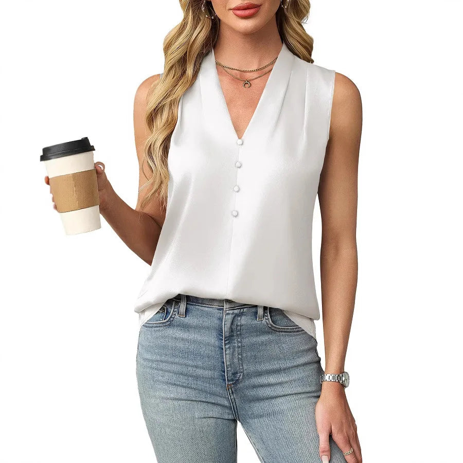 Lilianna | Elegant Sleeveless Satin Blouse with V Neck and Buttons