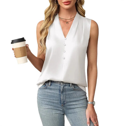 Lilianna | Elegant Sleeveless Satin Blouse with V Neck and Buttons