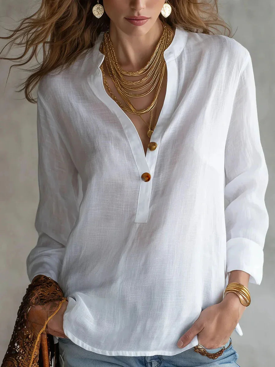 Aubrey | Classy Breathable Linen Blend Blouse with Buttons and Sleeves