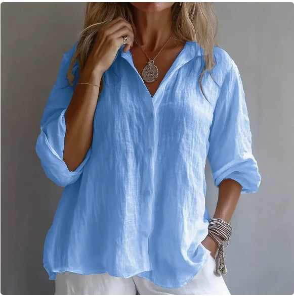 Raina | Elegant Relaxed Collared Linen Blend Shirt with Sleeves