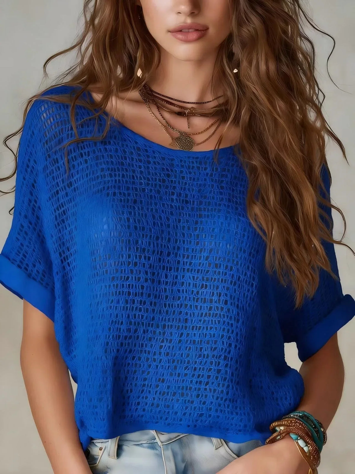 Delilah | Breatheable Short Sleeve Crochet Top with Open Knit Texture