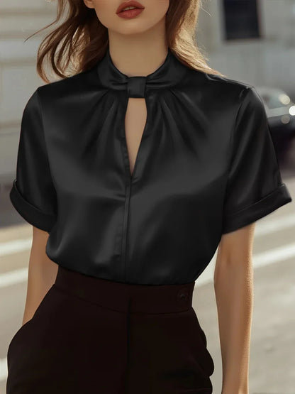 Audrey | Elegant Short Sleeve Satin Blouse with Keyhole Neckline
