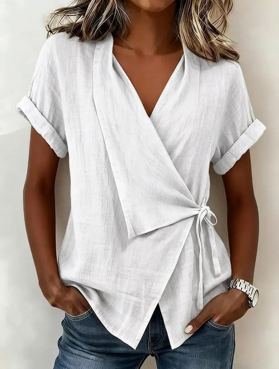 Gisselle | Relaxed Asymmetric Short Sleeve Wrap Blouse with Tie Front