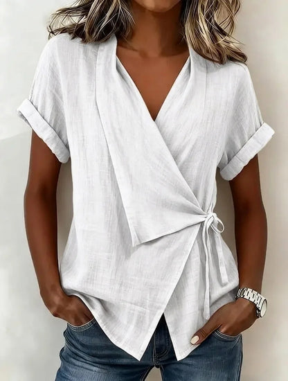 Gisselle | Relaxed Asymmetric Short Sleeve Wrap Blouse with Tie Front