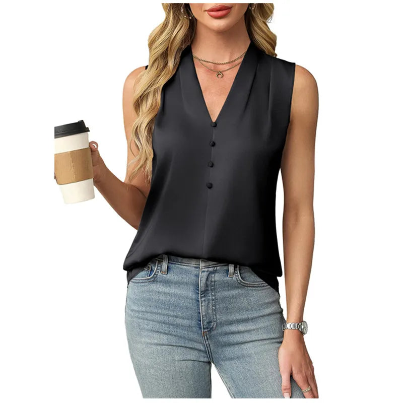 Lilianna | Elegant Sleeveless Satin Blouse with V Neck and Buttons