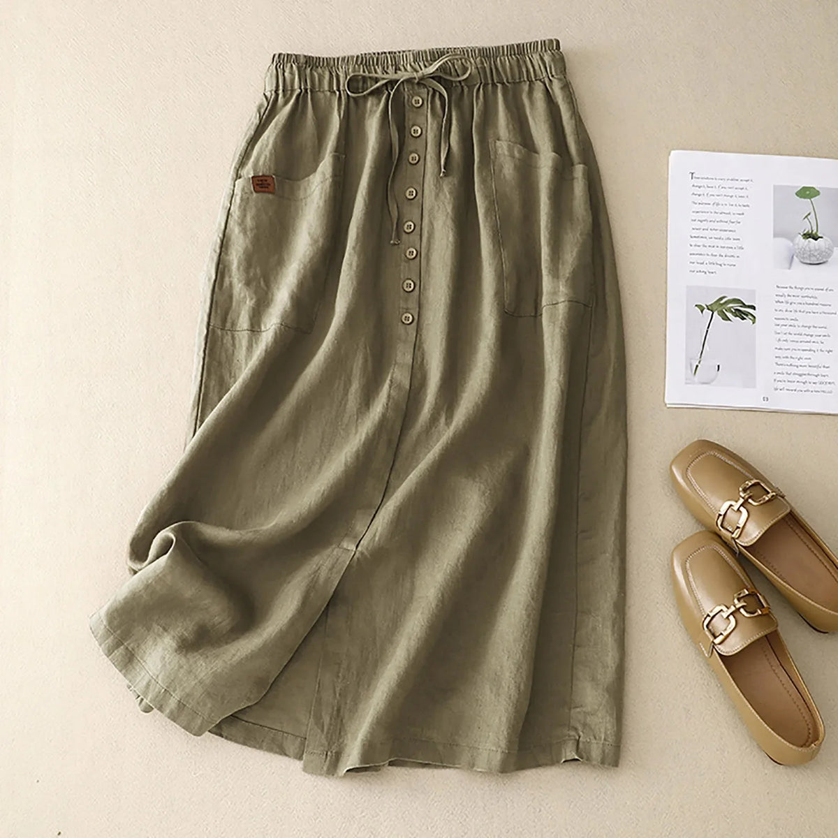 Adeline | Breezy A-Line Linen High Waist Skirt with Button Front and Slit