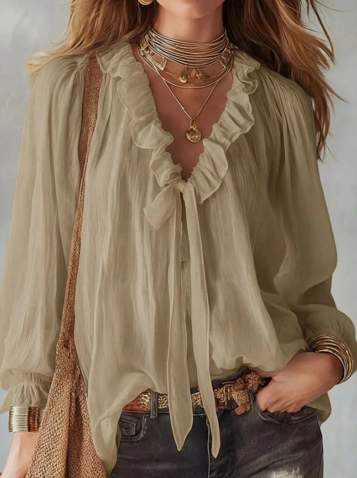 Maribel | Relaxed Lace-Up V Neck Top with Ruffle Trim and Sleeves
