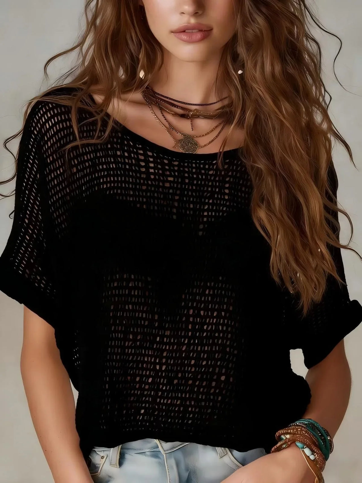 Delilah | Breatheable Short Sleeve Crochet Top with Open Knit Texture