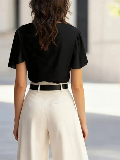 Bellamy | Elegant Draped Cowl Neck Blouse with Flowing Short Sleeves