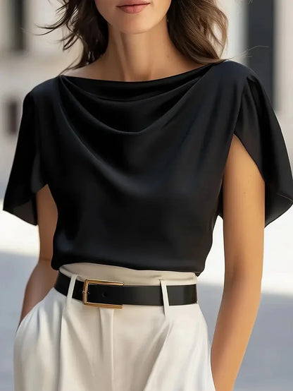 Bellamy | Elegant Draped Cowl Neck Blouse with Flowing Short Sleeves