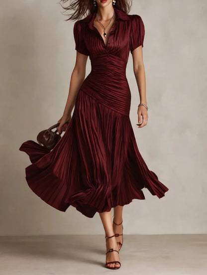 Monroe | Comfotable Flowy Satin Pleated Midi Dress for Summer Time