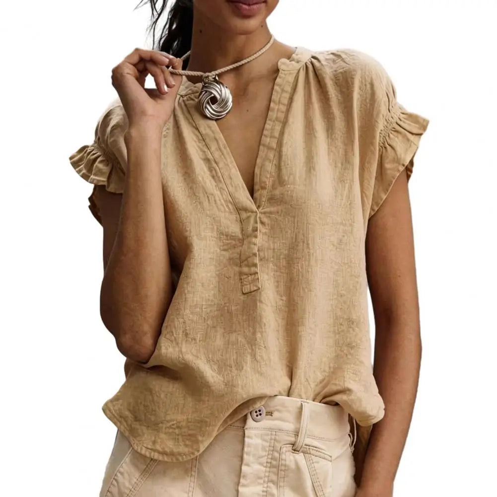 Sabrina | Relaxed Airy V Neck Blouse Shirt with Short Sleeves