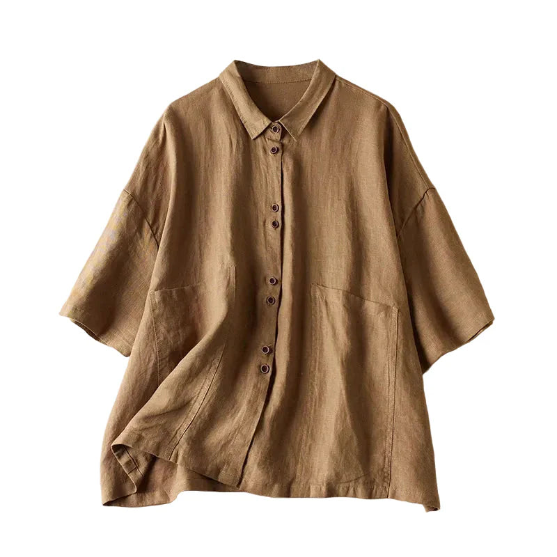 Rosalie | Oversized Linen Button Front Blouse with Short Sleeves