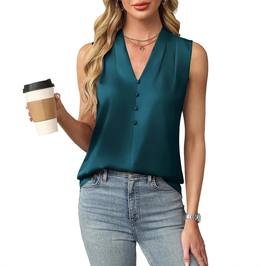 Lilianna | Elegant Sleeveless Satin Blouse with V Neck and Buttons