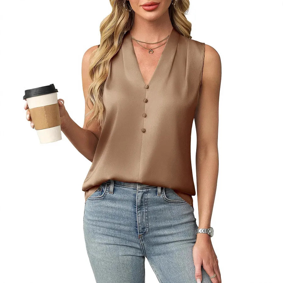 Lilianna | Elegant Sleeveless Satin Blouse with V Neck and Buttons