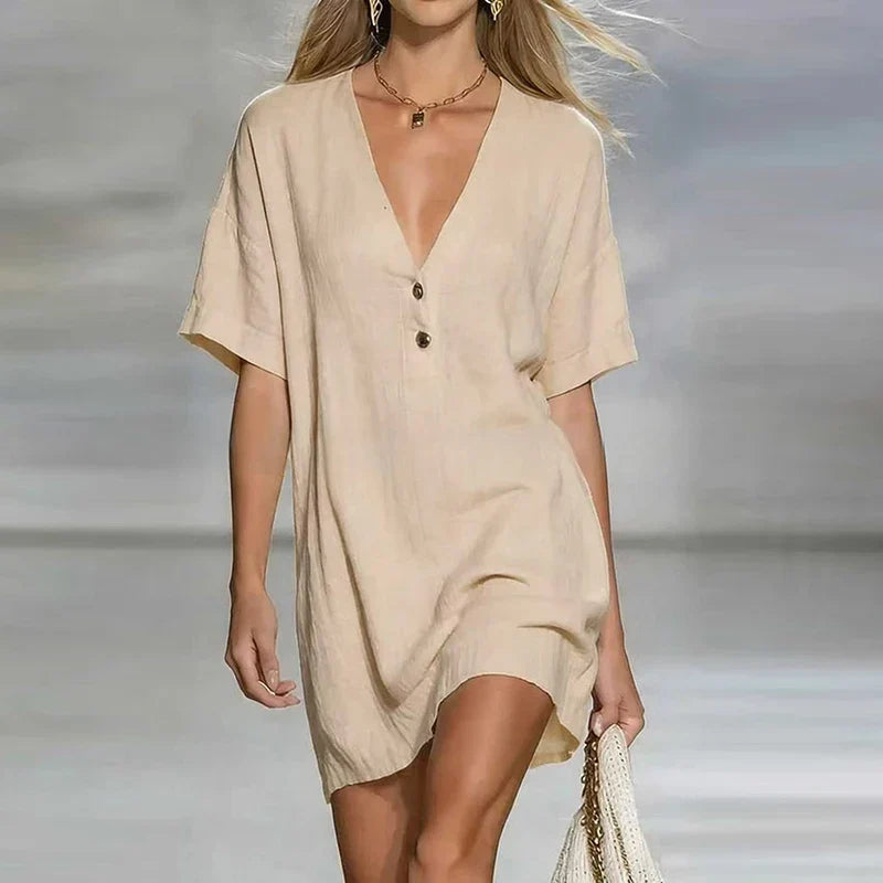 Liora | Effortlessly Elegant V Neck Linen Short Sleeve Shirt Midi Dress with Buttons