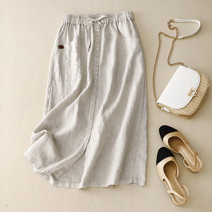 Adeline | Breezy A-Line Linen High Waist Skirt with Button Front and Slit