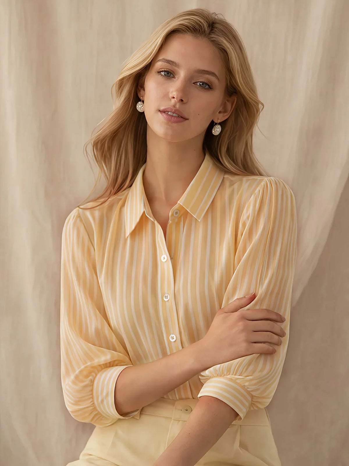 Rosalinda | Classy Striped Puff Sleeved Button Down Shirt for Everyday