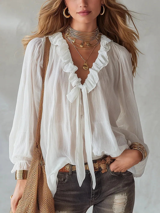 Maribel | Relaxed Lace-Up V Neck Top with Ruffle Trim and Sleeves