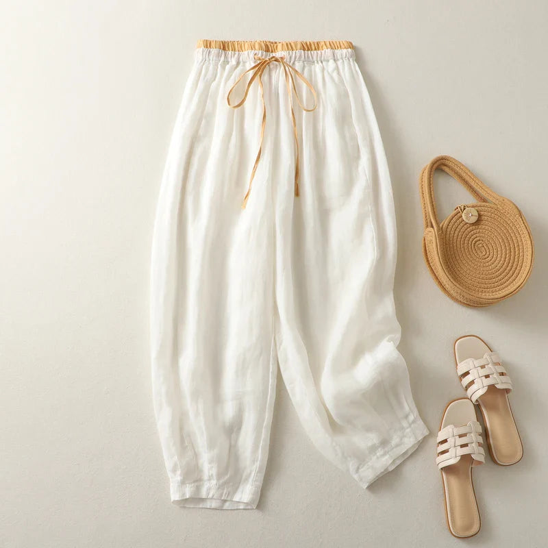 Tiffany | Relaxed High Rise Linen Blend Pants with Drawstring Waist