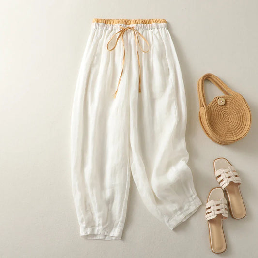 Tiffany | Relaxed High Rise Linen Blend Pants with Drawstring Waist