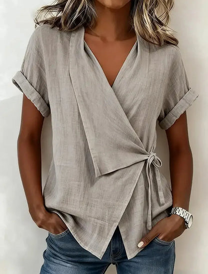 Gisselle | Relaxed Asymmetric Short Sleeve Wrap Blouse with Tie Front