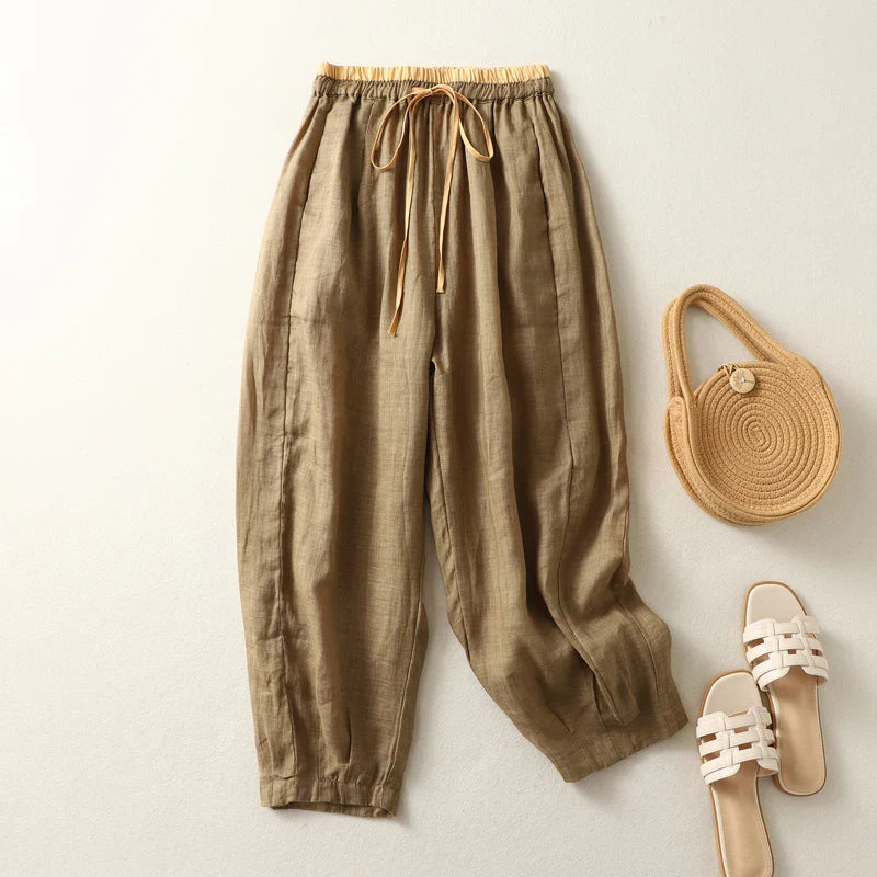 Tiffany | Relaxed High Rise Linen Blend Pants with Drawstring Waist