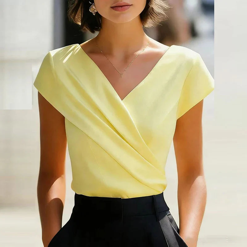 Viviana | Effortlessly Elegant Wrap Front V Neck Blouse Shirt with Short Sleeves
