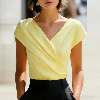 Viviana | Effortlessly Elegant Wrap Front V Neck Blouse Shirt with Short Sleeves
