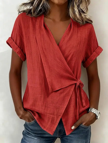 Gisselle | Relaxed Asymmetric Short Sleeve Wrap Blouse with Tie Front