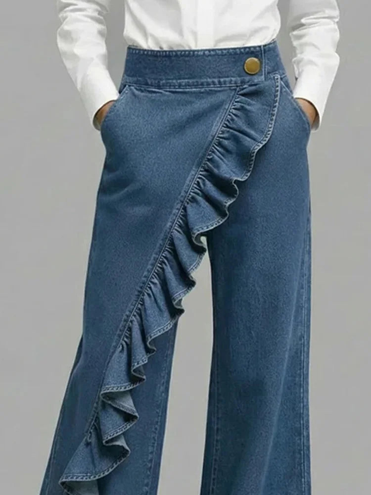Abigail | Bold Asymmetric Wide Leg Jeans with Ruffle Detail