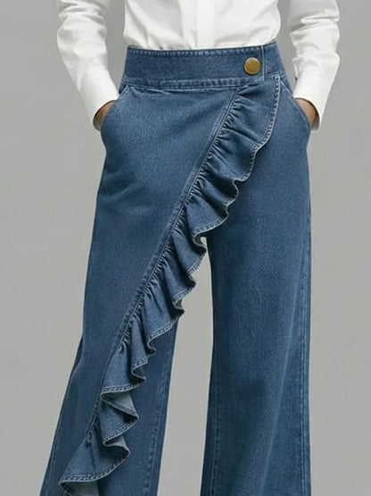 Abigail | Bold Asymmetric Wide Leg Jeans with Ruffle Detail