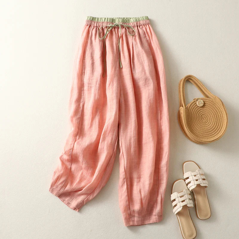 Tiffany | Relaxed High Rise Linen Blend Pants with Drawstring Waist