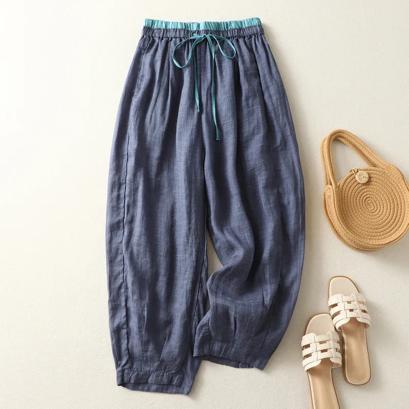 Tiffany | Relaxed High Rise Linen Blend Pants with Drawstring Waist