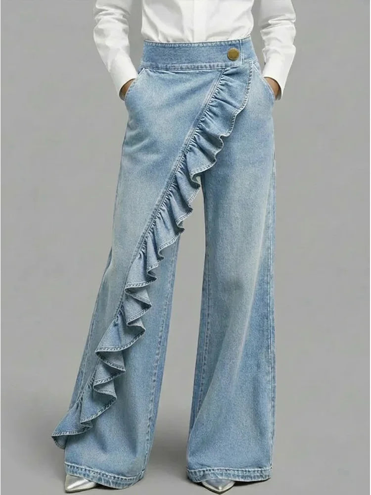 Abigail | Bold Asymmetric Wide Leg Jeans with Ruffle Detail