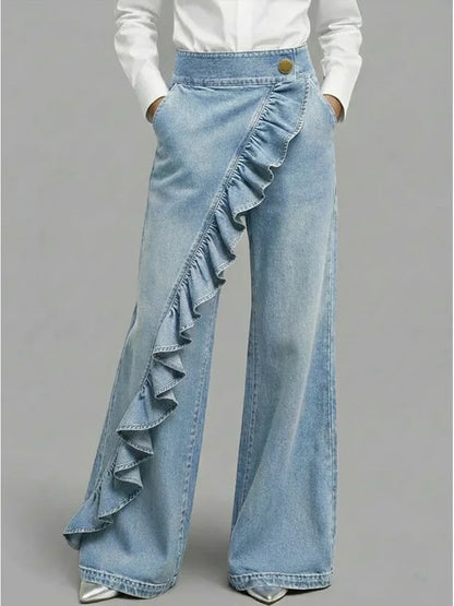 Abigail | Bold Asymmetric Wide Leg Jeans with Ruffle Detail