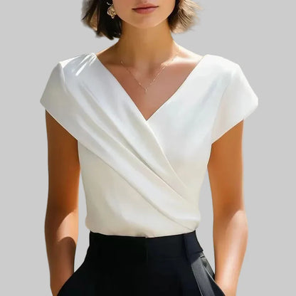 Viviana | Effortlessly Elegant Wrap Front V Neck Blouse Shirt with Short Sleeves
