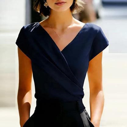 Viviana | Effortlessly Elegant Wrap Front V Neck Blouse Shirt with Short Sleeves