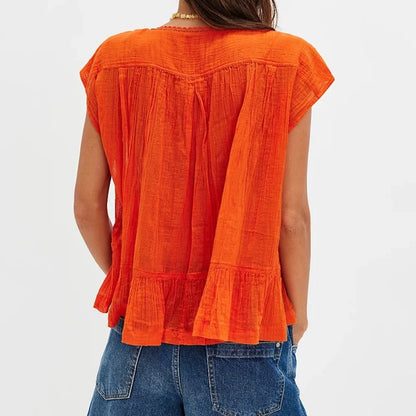 Kiana | Elegant Feminine Sleeveless Blouse with Lace Trim and Ruffle Hem
