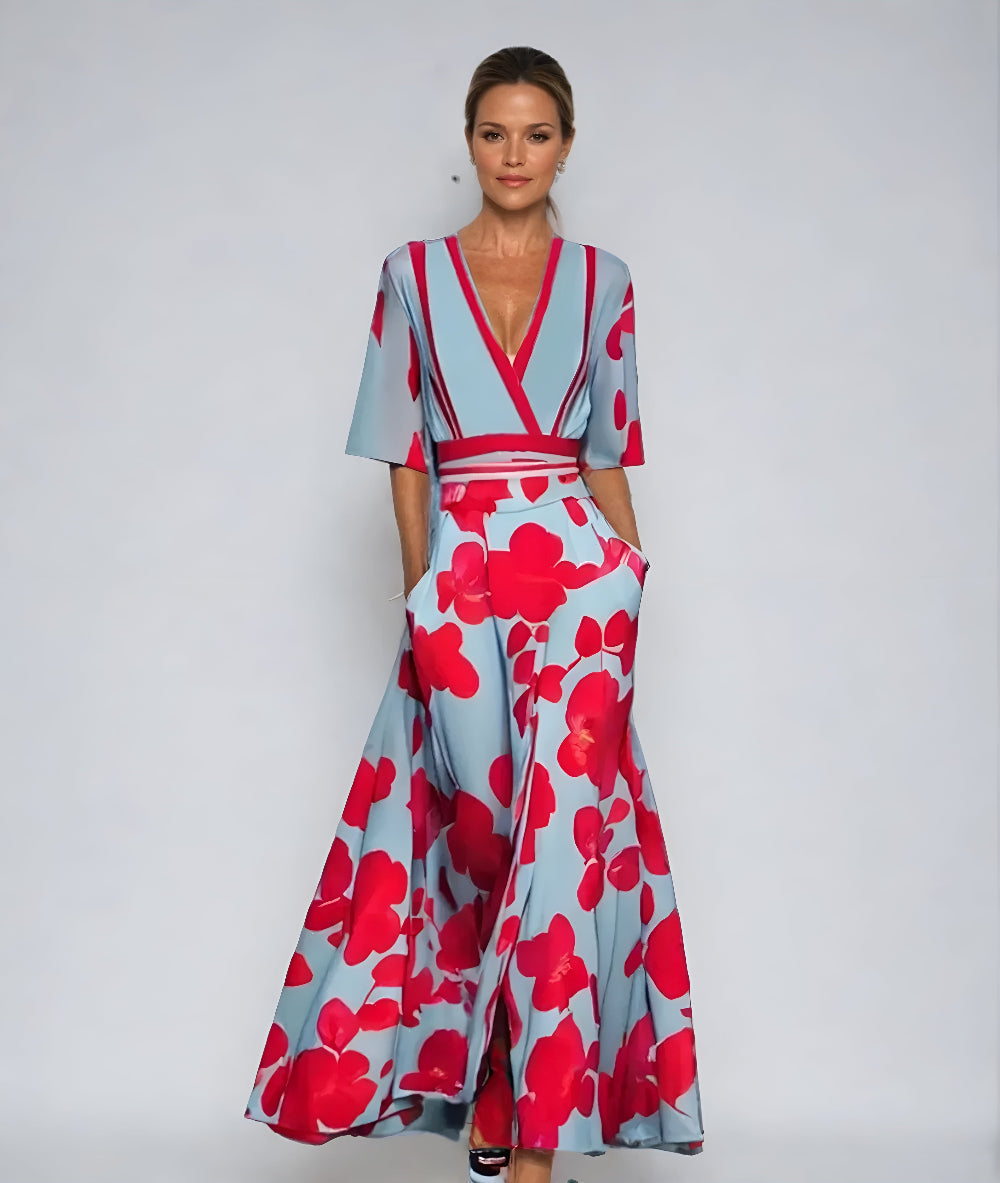 Florita | Graceful Floral Half Sleeve Wrap Dress with Waist-Defining Silhouette