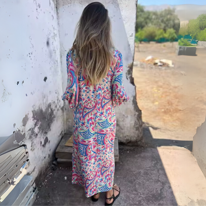 Andreas | Effortless Printed Long Sleeve V Neck Dress with Sleeved Elastic Cuffs