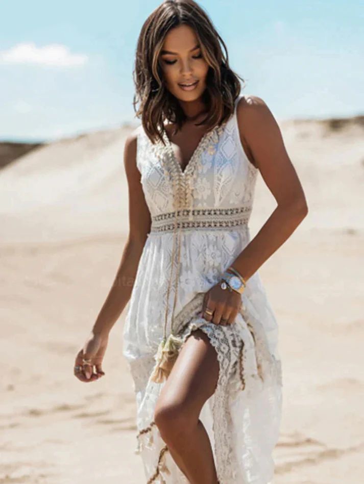 Cynthia | Comfortable Airy Boho Sleeveless V Neck Dress with Cinched Waist